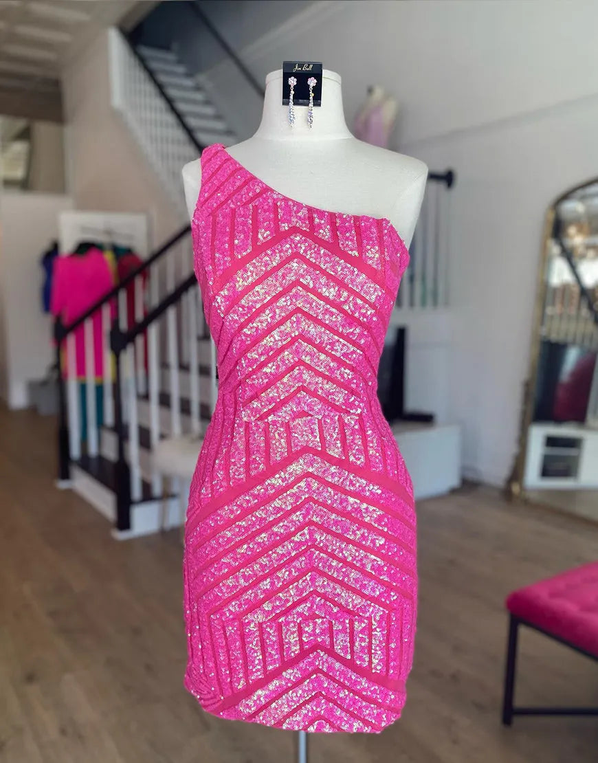 Vestido corto sexy de fiesta con lentejuelas de un solo hombro, sin mangas y de malla